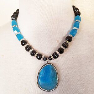 Southwestern Teal Blue & Black Agate Rhinestone Pendant Statement Necklace